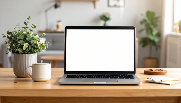 A close-up of a laptop with a white screen on a wooden table, accompanied by decorative items in a cozy living room