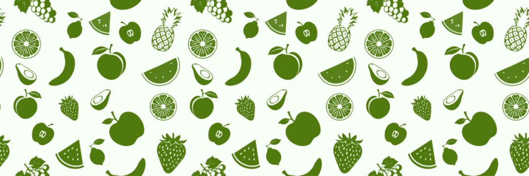Seamless green fruit pattern with apple, pineapple, banana, strawberry and watermelon icons, fresh healthy food background, vector illustration