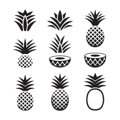 Obraz premium Stylized pineapple icons showcasing whole fruits, sliced halves, and leafy tops, representing tropical flavor and healthy lifestyle choices
