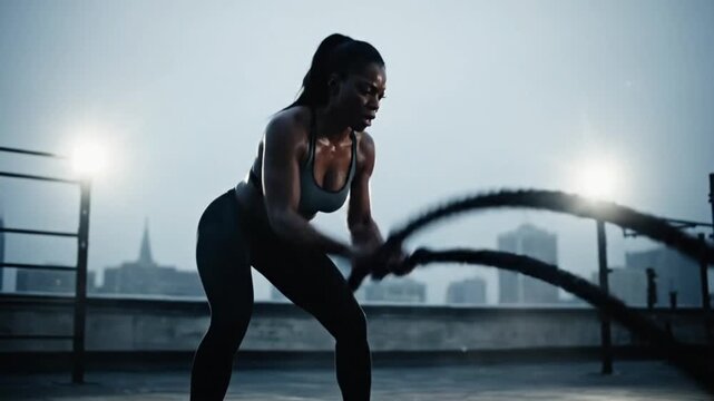 Determined African American Woman Performing Battle Rope Exercise on City Rooftop at Dusk for High Intensity Interval Training Concept
