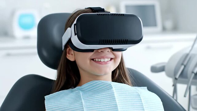 Smiling child wears virtual reality headset while sitting in a dental chair.