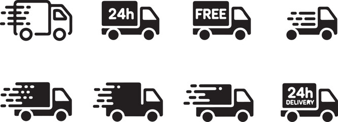 Set of black delivery truck icons illustrating fast shipping services with speed lines and labels