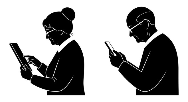 Two individuals engrossed in reading digital devices in contrasting environments.