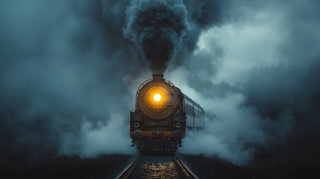 A vintage steam engine billows dark smoke as it moves forward along misty tracks. The glowing front light pierces through the fog, creating an atmospheric scene at dawn.