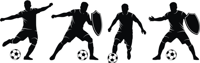 Male soccer player silhouettes set with men playing football athletes kicking ball dribbling and defending isolated on white background vector