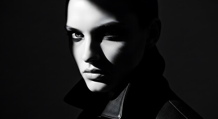 Dramatic black and white portrait of a woman with intense expression
