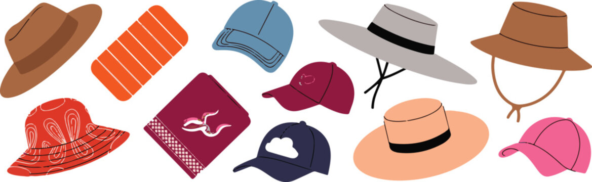 Collection of various hats and headwear, flat illustration on transparent background, fashion accessories