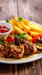 Plate of kebabs, fries, vegetables, and sauce on a wooden surface