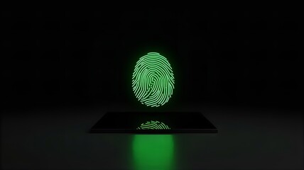 3D Icon Neon Green Fingerprint on Glass Panel