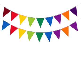 Obraz premium Two perfectly taut rows of vibrant textile triangular bunting flags isolated on a transparent high-key studio background with copy space, universal festive decoration concept