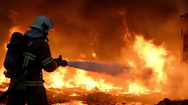 Firefighter wearing protective gear sprays water directly onto an intense structural fire.