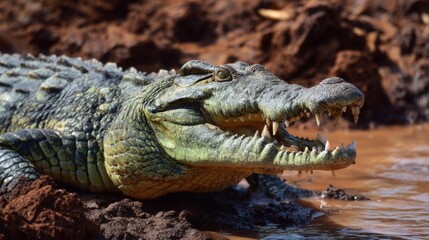Obraz premium Close-up profile of a fierce crocodile with sharp teeth and scaly green skin basking in muddy water.