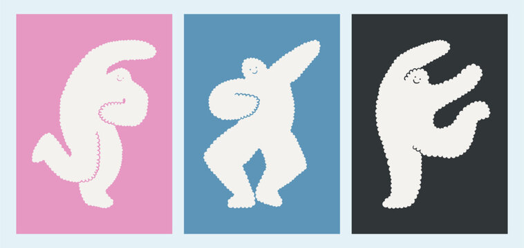 Illustration of white clouds on pink, blue, black background. Human or yeti bigfoot dancing character, cloud shape mascot poster set. Cloud dancer and blue colors. Print for kids, banner design. Cloud