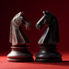 Two dark wooden chess knights facing each other on red background