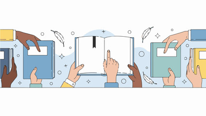 diverse hands holding and sharing books pointing to an open blank book symbolizing inclusive education and shared knowledge.