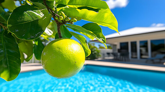 Vibrant green citrus fruit hanging from tree beside sparkling pool