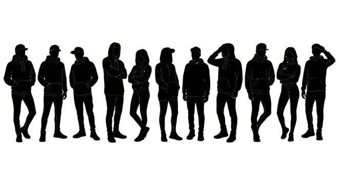 diverse group of young people silhouettes standing embodying modern urban streetwear and youth culture ideal for fashion or design projects.