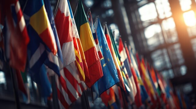 International flags waving in sunlight