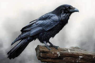 Fototapeta premium black raven perched on a weathered wooden log against a misty gray background, watchful and mysterious