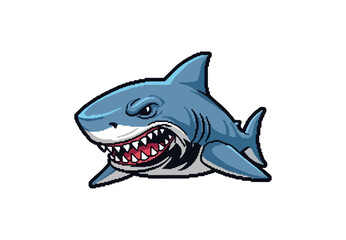 Cartoon shark illustration with open jaws on black background