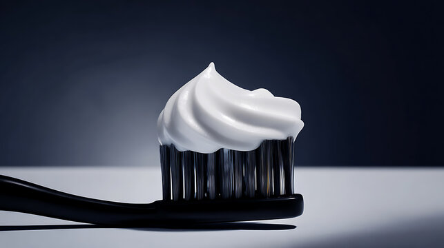 A pristine black toothbrush with a perfectly swirled peak of white toothpaste stands ready, highlighting dental hygiene against a clean, deep blue background