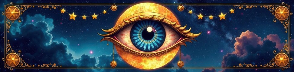 Fototapeta premium Celestial eye and moon tarot card design, sacred geometry patterns, eye, background, esoteric art