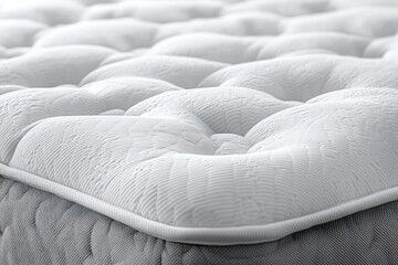 Fototapeta premium close-up of a tufted white mattress topper and gray mattress side, plush quilted surface with stitched piping inviting cozy comfort and restful relaxation