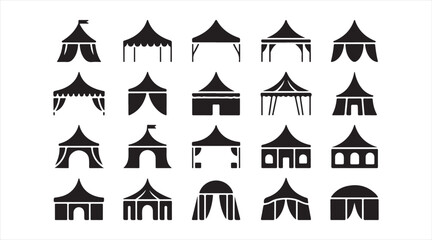 Black Event Shelter Icons Featuring Tents, Gazebos and Pavilions Isolated Vector Set