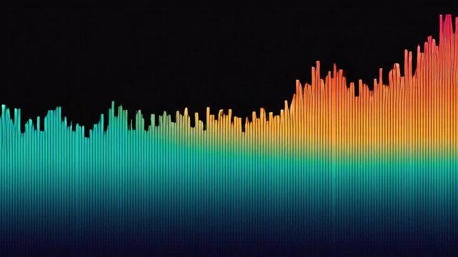 Abstract vibrant gradient bar chart representing financial growth and data visualization with rising trend on black background