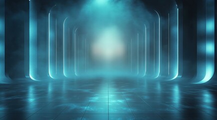 Fototapeta premium empty futuristic corridor with glowing teal arches, reflective tiled floor and misty atmosphere conveying mystery and calm