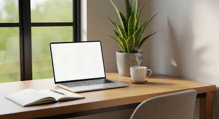 Fototapeta premium Close-up of Laptop with Blank Screen on Wooden Desk Next to Steaming Coffee Mug