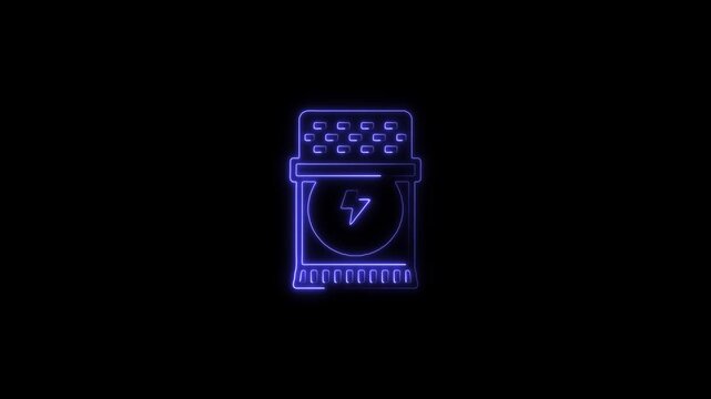 Animated neon blue power source icon featuring a lightning bolt symbol, signifying energy and technology on a dark background.