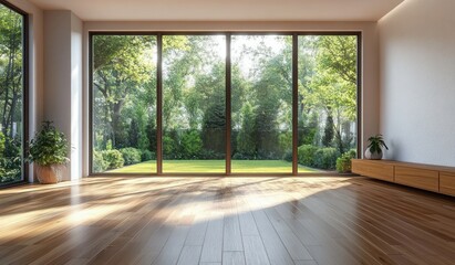 Sunlit minimalist living room with floor-to-ceiling glass windows overlooking lush green garden, hardwood floors, low wooden cabinet and potted plants, serene and inviting mood