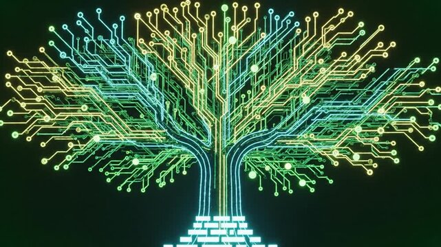 A futuristic tree with glowing circuit board branches and trunk stands on a digital platform
