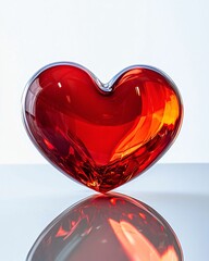 Red Glass Heart Sculpture Reflecting Light on a White Background