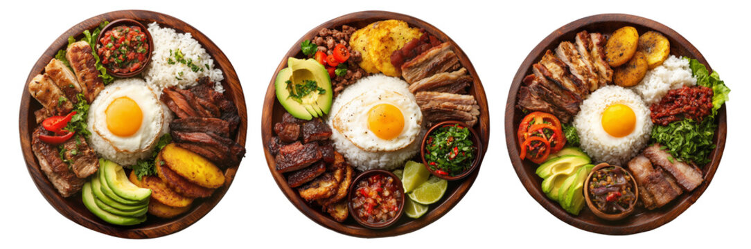 Latin American Bandeja Paisa meal with rice, fried egg, meats, beans, and plantains on wooden plate isolated on white background