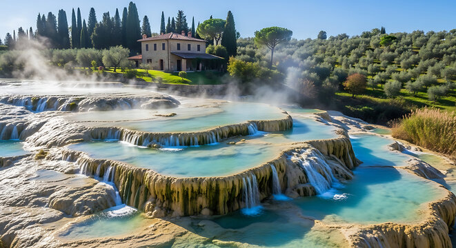 Cascading Thermal Waters at Terme di Saturnia with Rustic Stone House in Tuscany Italy on Bright Sunny Day featuring Natural Hot Springs and Sulfur Pools in Maremma Countryside Scenic Landscape