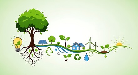 Eco friendly illustration with tree renewable energy sources nature elements