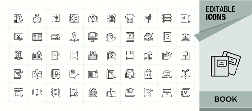 Book simple icon set. Contains outline symbols like author, textnotedictionary, bookstore, library and more. Bible icon set. Minimalist editable vector stroke. Editable vector.