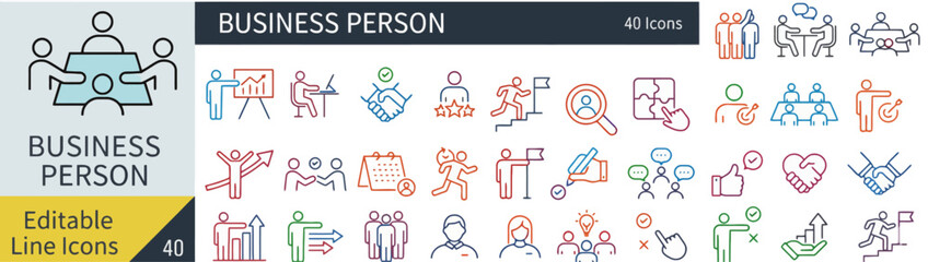 Fototapeta premium Collection of diverse business person icons in various colors and styles displayed on a clean background