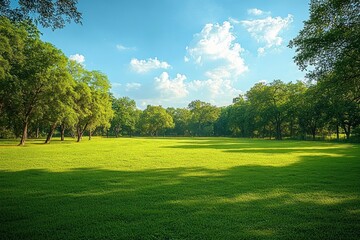 Fototapeta premium Sunlit open green meadow with scattered trees, soft shadows and a bright blue sky dotted with fluffy white clouds, evoking a peaceful serene summer park