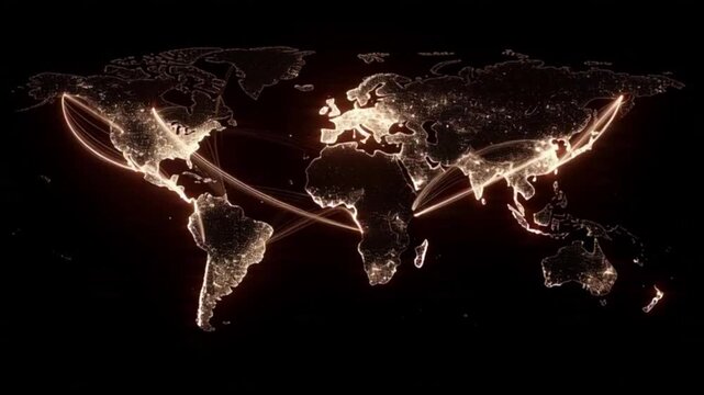 Global network visualization showing interconnected cities and continents illuminated at night