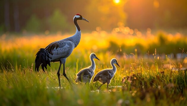 A crane and two chicks wade through a grassy, sunny field at sunset, illuminated by golden light