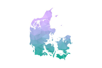 Naklejka premium Denmark Map Polygon Style Vector Illustration in Purple and Cyan Gradient, Low Poly Geometric Design, Isolated on White Background for Infographics and Projects.