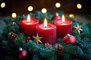 Three burning red candles in an evergreen wreath with pine cones, red baubles and gold stars, glowing warm lights creating a cozy festive atmosphere