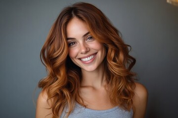 Fototapeta premium Young woman with long wavy auburn hair in a gray tank top against a neutral backdrop, soft warm lighting conveying calm confidence and relaxed mood