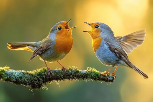 Two orange-breasted songbirds perched on a mossy branch facing each other with open beaks singing an animated duet in warm golden backlight