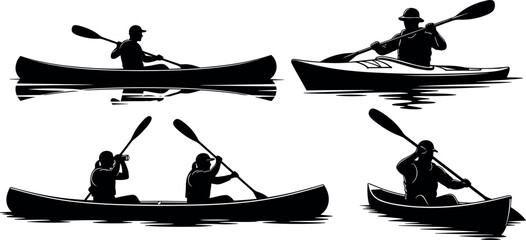 Set of black silhouettes featuring people paddling in kayaks and canoes on water for outdoor adventure and summer sports recreation © Reginald Diesel