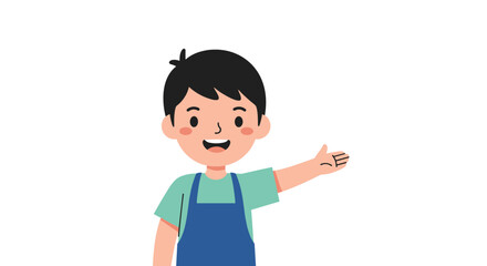 Fototapeta premium Friendly young boy wearing a green shirt and blue apron gesturing with his hand as if introducing or presenting something.