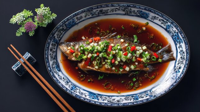 West Lake Fish in Vinegar Gravy (西湖醋鱼), elegant Chinese seafood dish, whole grass carp fillet served with glossy sweet and sour black vinegar sauce